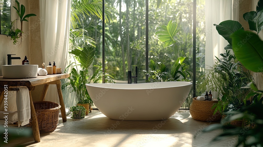 Create a Serene Oasis: Captivating Bathroom Poster featuring a White Bathtub, Tropical Plants, and Spa Elements for a Relaxing Home Interior Create a Serene Oasis: Captivating Bathroom Poster featuring a White Bathtub, Tropical Plants, and Spa Elements for a Relaxing Home Interior