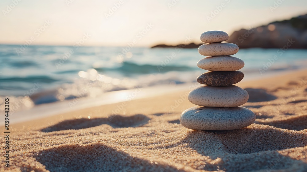 Fototapeta premium A stack of zen stones on a quiet beach, with soft, golden sands and a peaceful ocean backdrop under a clear sky.