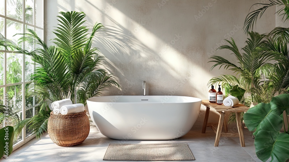 Create a Serene Oasis: Captivating Bathroom Poster featuring a White Bathtub, Tropical Plants, and Spa Elements for a Relaxing Home Interior Create a Serene Oasis: Captivating Bathroom Poster featuring a White Bathtub, Tropical Plants, and Spa Elements for a Relaxing Home Interior