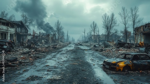 postapocalyptic cityscape desolate burnedout street devoid of life haunting scene of urban destruction with ashcovered ruins and eerie silence perfect for dystopian narratives photo