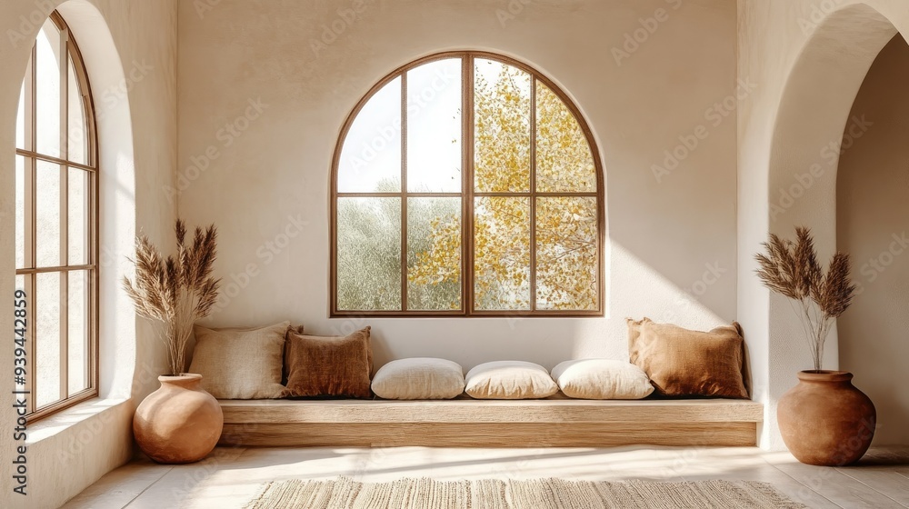 Arched windows with clay pots and pillows, boho farmhouse interior, warm and earthy design Arched windows with clay pots and pillows, boho farmhouse interior, warm and earthy design