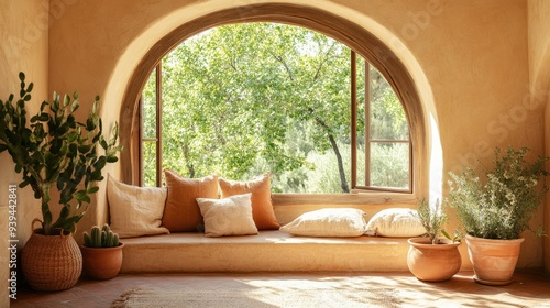 Arched windows with clay pots and pillows, boho farmhouse interior, warm and earthy design