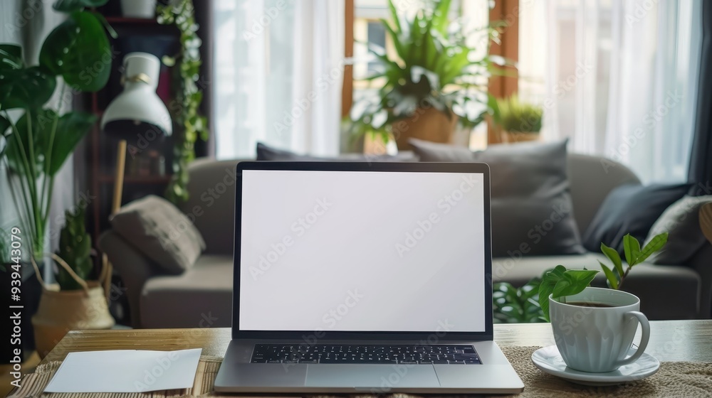 Modern home office with a laptop, coffee cup, and notepad on a wooden desk, filled with natural light and surrounded by houseplants. Modern home office with a laptop, coffee cup, and notepad on a wooden desk, filled with natural light and surrounded by houseplants.