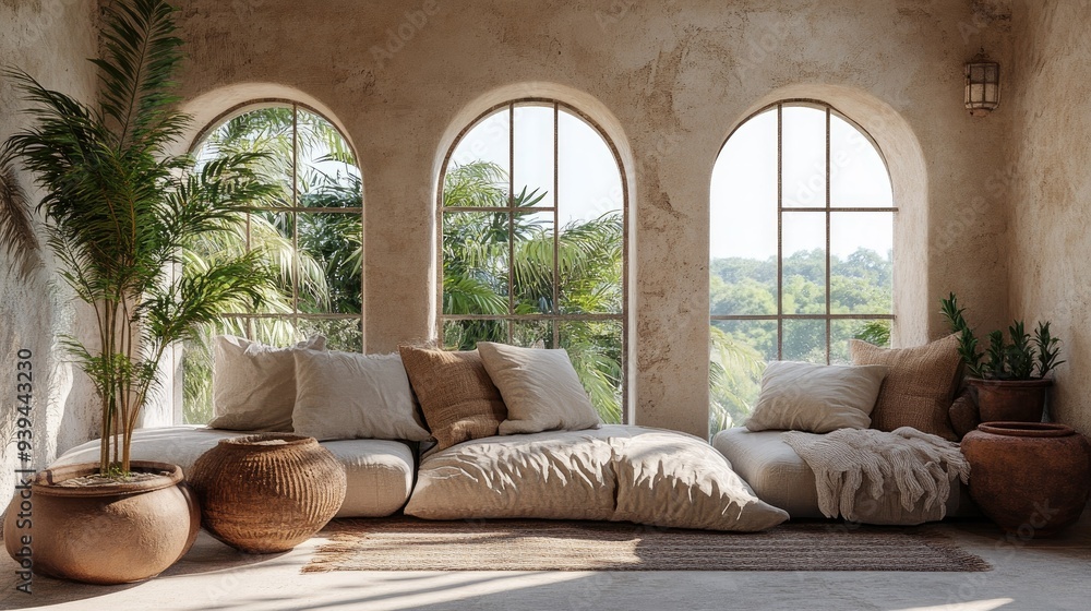 Fototapeta premium Boho chic interior, farmhouse style, pillows and clay pots on arched windows, earthy tones
