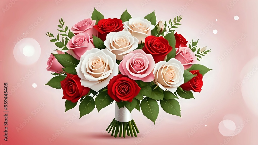 A bouquet of red, pink, and white roses with green leaves against a soft pink background with bokeh lights. A bouquet of red, pink, and white roses with green leaves against a soft pink background with bokeh lights.