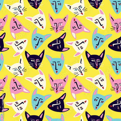 Pattern with Funky cat with a lovely face. Freaky comic cat face. Bizarre Valentine's Day pattern in modern doodle style. Vector illustration