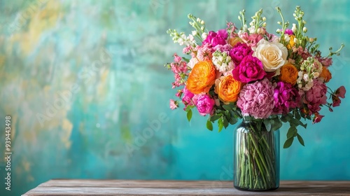 Wallpaper Mural Bright bouquet in a vase on a wooden table, turquoise wall background, fresh and vibrant setting Torontodigital.ca