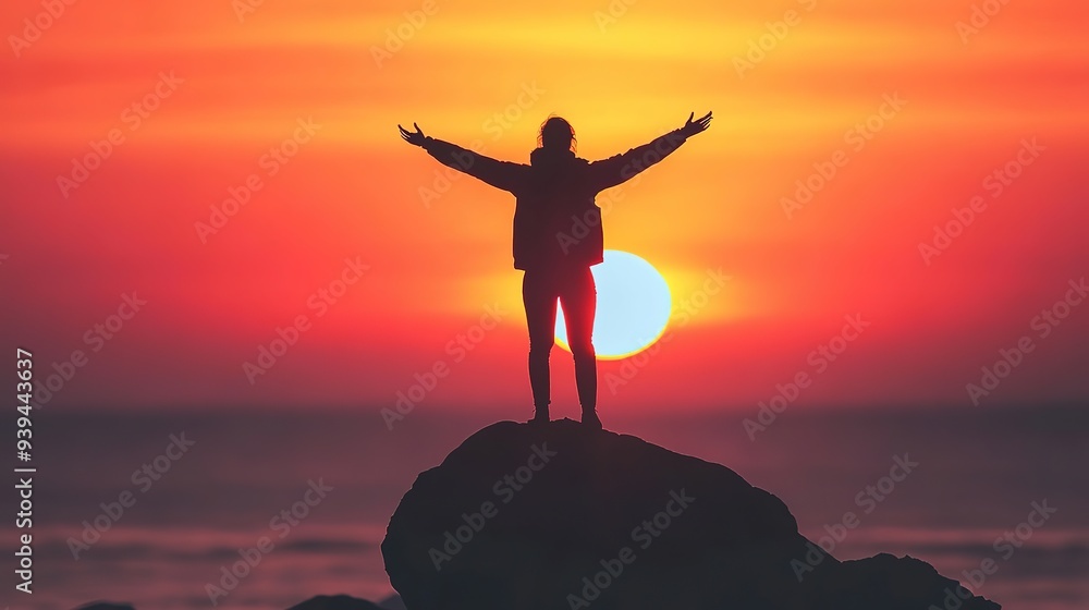 silhouette of a person standing front of sunset silhouette of a person standing front of sunset
