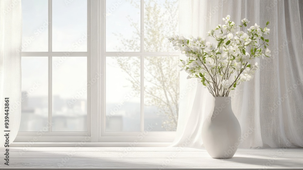 Bright white window with sheer curtains, a simple vase with flowers on a white wooden table. Bright white window with sheer curtains, a simple vase with flowers on a white wooden table.