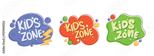 Colorful Cartoon Vector Kid Zone Logos Featuring Playful Designs In Blue, Red, And Green With Bold Text And Fun Elements