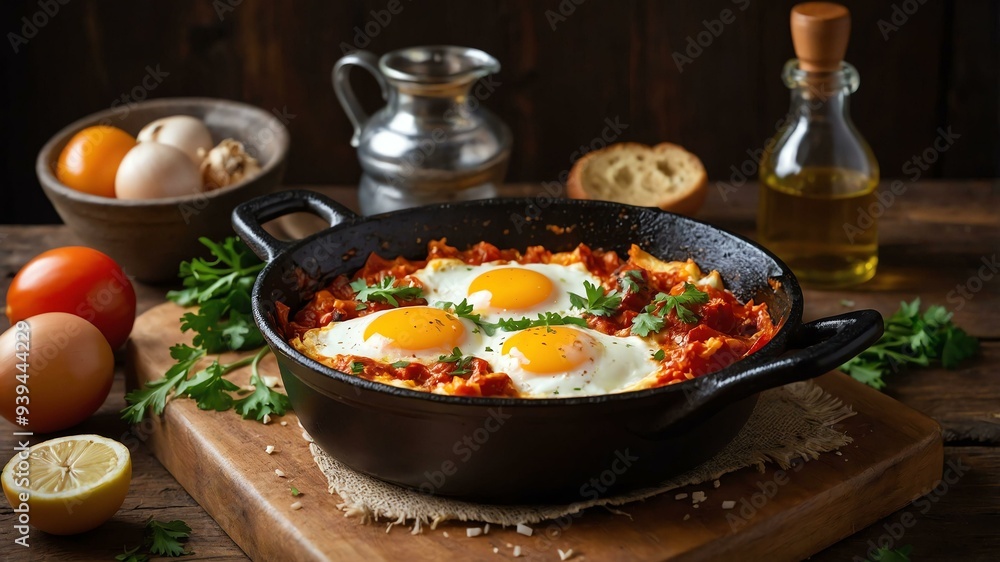 stock photography sizzling shakshuka prepared aesthetically with a background of wooden table stock photography sizzling shakshuka prepared aesthetically with a background of wooden table