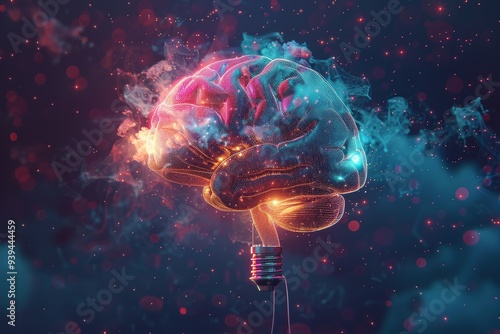 A digital illustration of a brain lit up with vibrant neon colors, symbolizing thought processes, genius, and innovation. photo