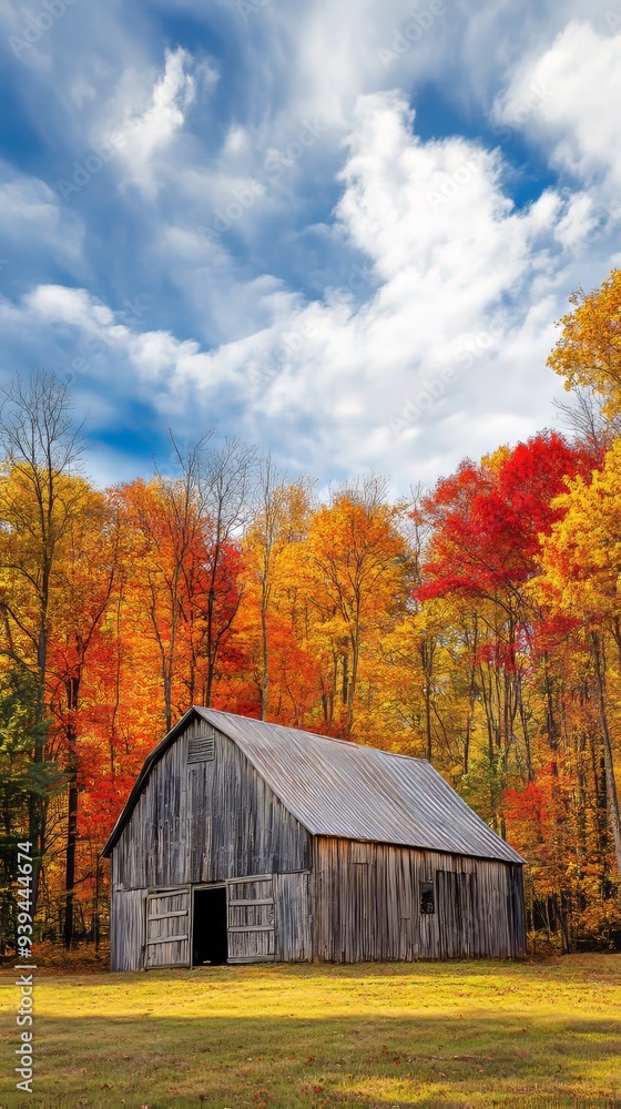 An old barn surrounded by colorful autumn trees An old barn surrounded by colorful autumn trees