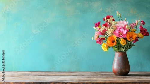 Wallpaper Mural Colorful bouquet on a rustic wooden table, turquoise wall in the background, warm and cheerful Torontodigital.ca