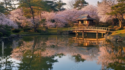 A serene garden scene featuring cherry blossoms, a tranquil pond, and a traditional Japanese bridge at sunrise. photo