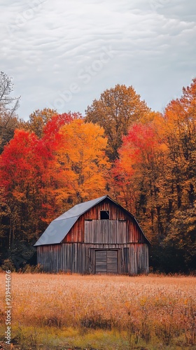 An old barn surrounded by colorful autumn trees