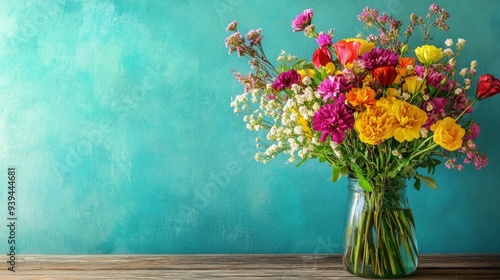 Wallpaper Mural Colorful bouquet on a rustic wooden table, turquoise wall in the background, warm and cheerful Torontodigital.ca