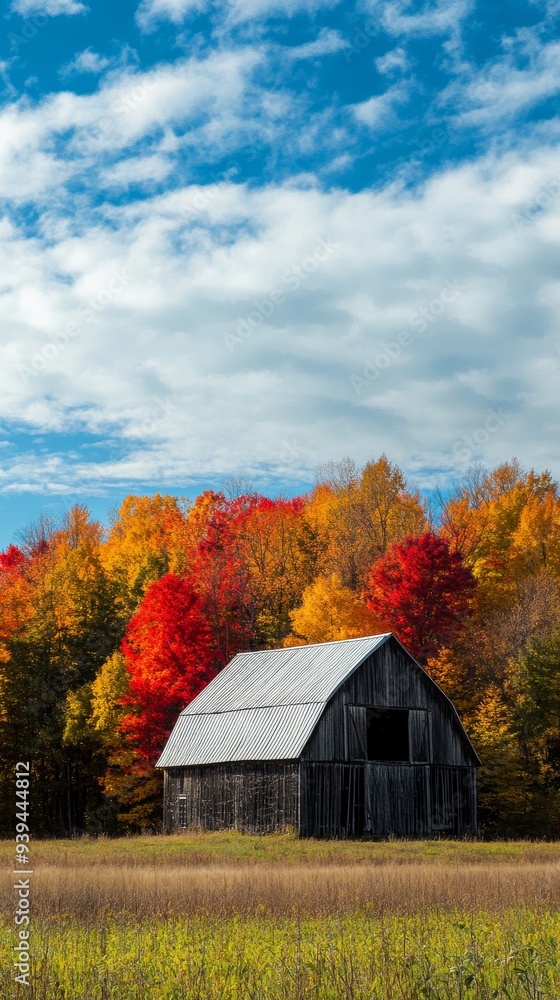 An old barn surrounded by colorful autumn trees An old barn surrounded by colorful autumn trees