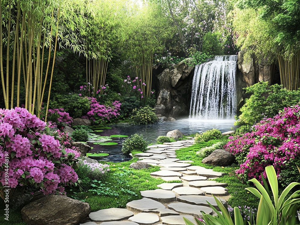 A serene garden with vibrant flowers, a tranquil waterfall, and a winding stone path surrounded by lush greenery. A serene garden with vibrant flowers, a tranquil waterfall, and a winding stone path surrounded by lush greenery.