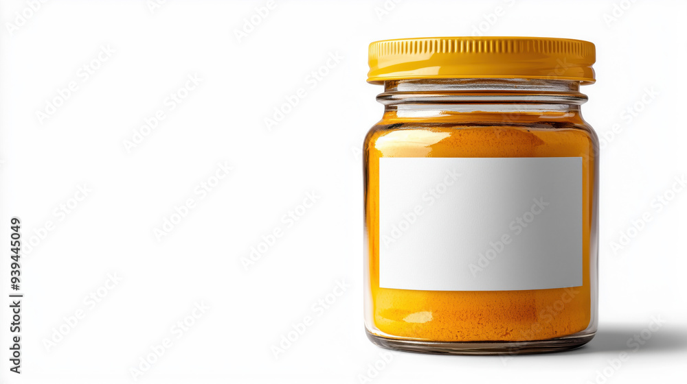 Turmeric powder in a glass jar isolated on a white background, copy space for text Turmeric powder in a glass jar isolated on a white background, copy space for text