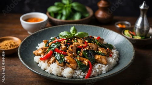 stock photography sizzling thai basil chicken prepared aesthetically with a background of wooden table