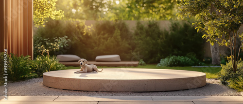 A serene outdoor setting featuring a relaxed dog on a stone platform, surrounded by lush greenery and warm sunlight. photo