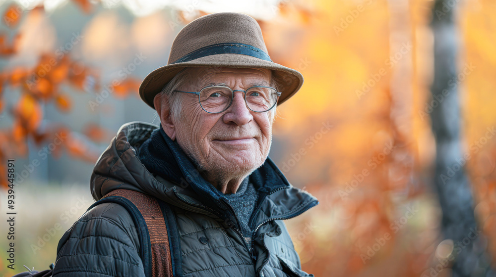 Serene Senior Gentleman Enjoying Autumn Stroll in Sunny Park Serene Senior Gentleman Enjoying Autumn Stroll in Sunny Park