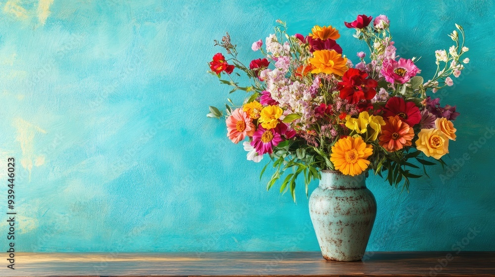 custom made wallpaper toronto digitalFloral arrangement in vase, placed on wooden table, turquoise wall backdrop, vibrant and serene