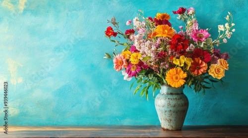Wallpaper Mural Floral arrangement in vase, placed on wooden table, turquoise wall backdrop, vibrant and serene Torontodigital.ca