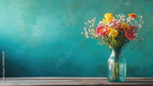Wallpaper Mural Fresh flowers in a vase, sitting on a wooden table, turquoise wall background, calm and beautiful Torontodigital.ca