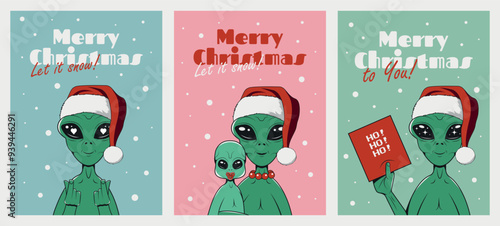 
Retro Christmas card set with a green alien wearing a Santa Claus hat. Vector posters for Merry Christmas and Happy New Year celebration. 
