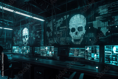 Dark Room Illuminated by Computer Screens with AI Code and Digital Skulls