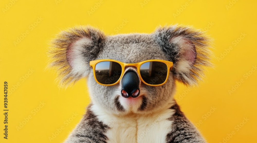 Fototapeta premium Koala bear with sunglasses on a yellow background, a fun and charming depiction of this beloved animal.