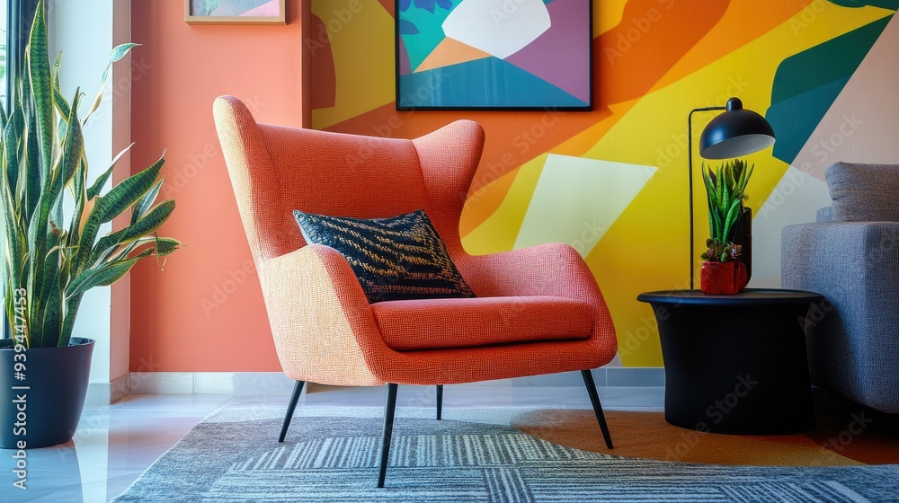 Fototapeta premium Modern armchair in a room with bold, geometric designs and a mix of bright, contrasting colors, creating a vibrant space.