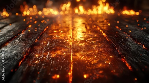 rustic wooden table with intricate firescorched patterns glowing embers and flames dance along the edges creating a dramatic backdrop for showcasing spicy cuisine photo