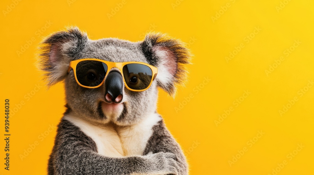 Quirky koala bear rocking sunglasses on a sunny yellow background, adding a playful vibe. Quirky koala bear rocking sunglasses on a sunny yellow background, adding a playful vibe.