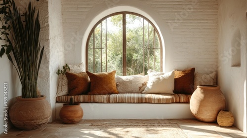 Rustic boho farmhouse design, arched windows adorned with pillows and clay pots, cozy space