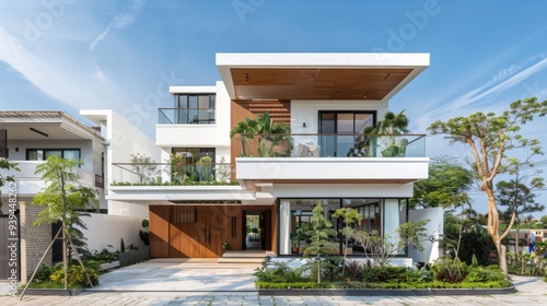 Contemporary white house featuring expansive windows, a lush garden, and clean architectural designs, bathed in sunlight.