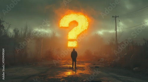 silhouetted figure at twilight crossroads overshadowed by massive glowing question mark misty atmosphere conveys uncertainty and lifechanging decisions photo