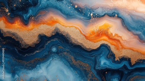 Abstract Swirling Blue and Gold Paint