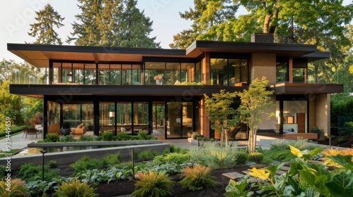 A modern two-story glass house with a lush garden and patio area, showcasing a harmonious blend between architecture and nature.