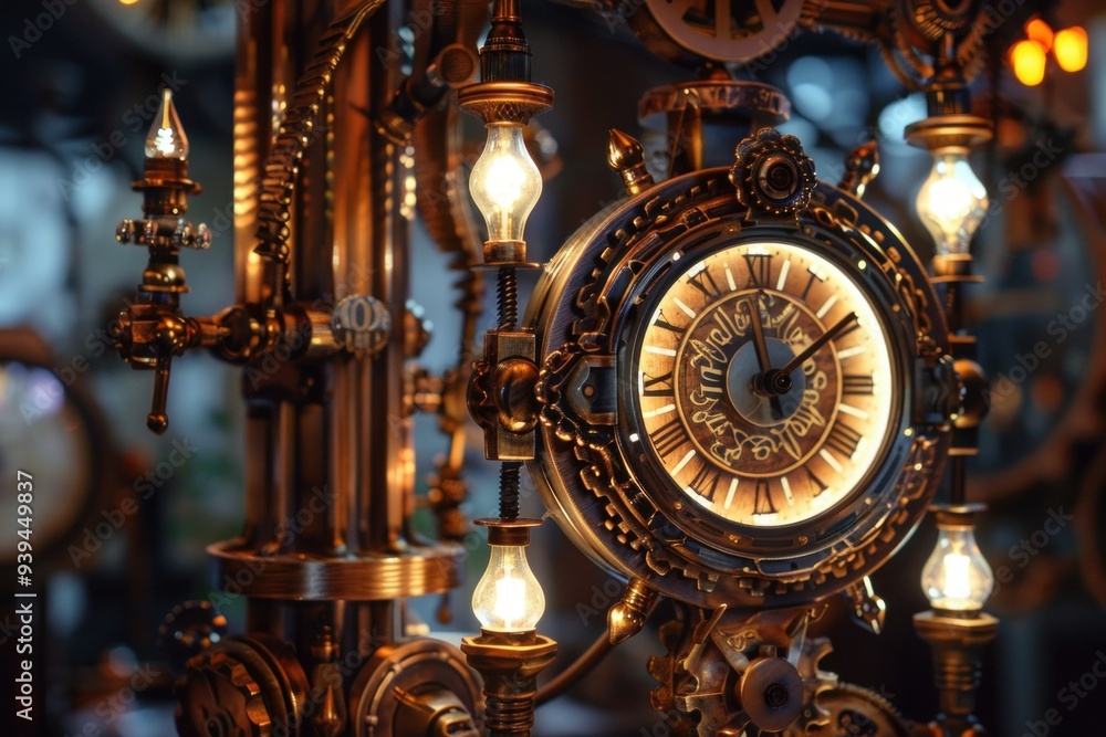 Steampunk clock with illuminated dials is ticking, symbolizing the relentless passage of time Steampunk clock with illuminated dials is ticking, symbolizing the relentless passage of time