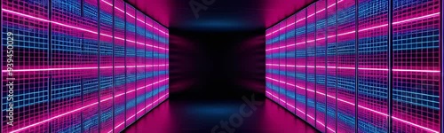 Synthwave wireframe net illustration. Abstract digital background. 80s, 90s Retro futurism, Retro wave cyber grid. Lefft and right surfaces. Neon lights glowing. Starry background. 3D Rendering photo