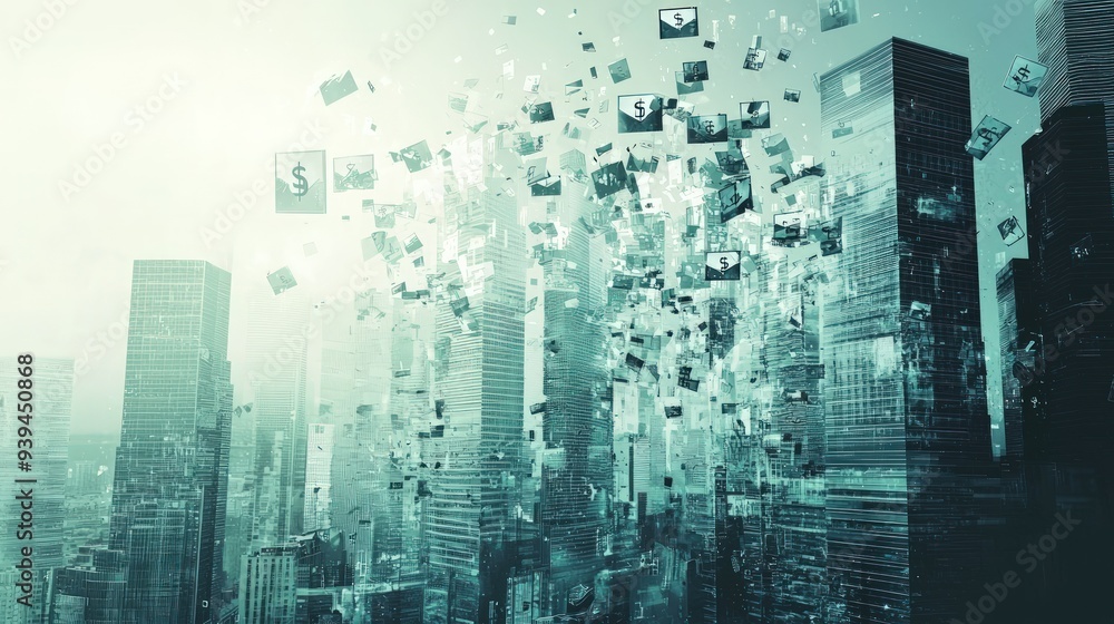 cityscape with falling buildings made of economic symbols, representing financial collapse . cityscape with falling buildings made of economic symbols, representing financial collapse .