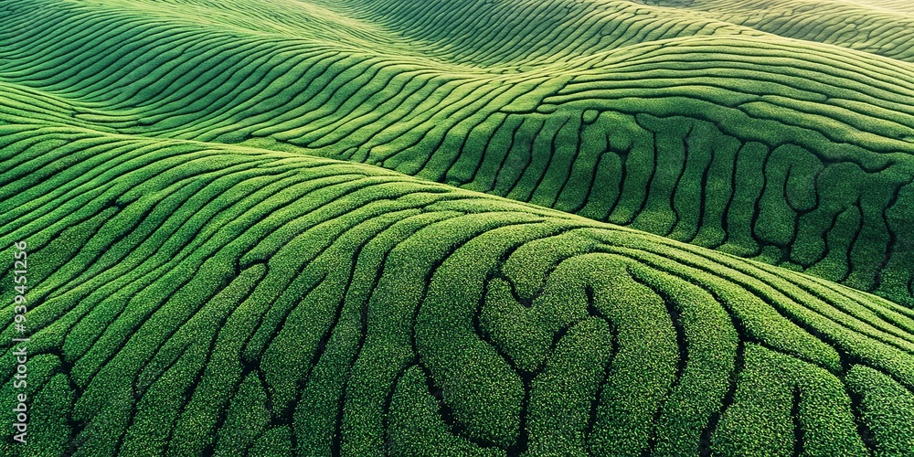 Aerial view of rolling green hills with patterned fields. Aerial view of rolling green hills with patterned fields.