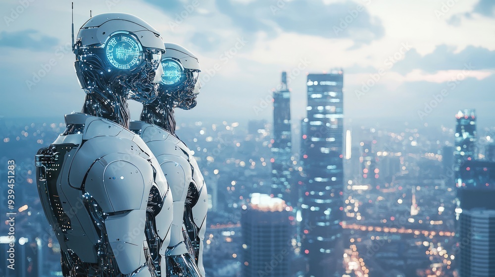 Two robots stand on a city street, looking out over the city. The robots are white and have blue eyes. The city is lit up at night, creating a futuristic and technological atmosphere Two robots stand on a city street, looking out over the city. The robots are white and have blue eyes. The city is lit up at night, creating a futuristic and technological atmosphere