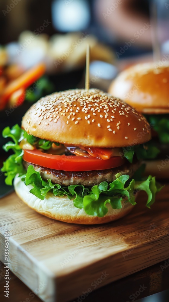 A vibrant vegan burger showcases fresh ingredients on a wooden platter A vibrant vegan burger showcases fresh ingredients on a wooden platter