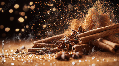 Fresh cinnamon sticks and cinnamon powder with anise flowers on a dark background 