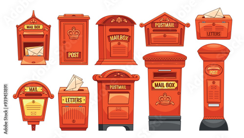Collection Of Red Classic British Mailboxes Featuring Various Styles. Cartoon Vector Illustration Of Vintage Mail Boxes