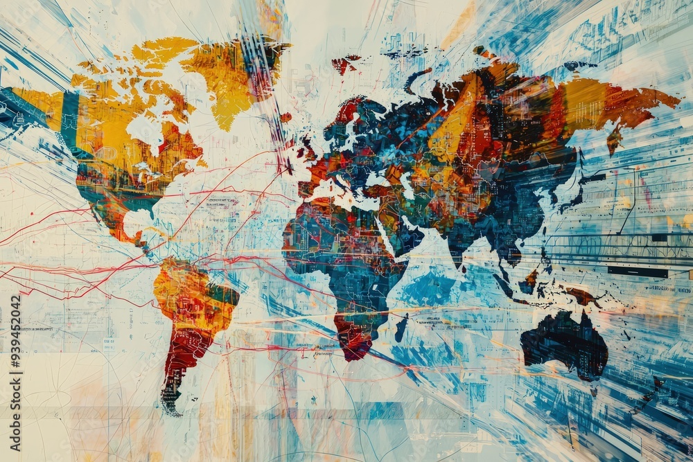 Naklejka premium A colorful painting of the world with a blue and white background. The painting is abstract and has a modern feel to it